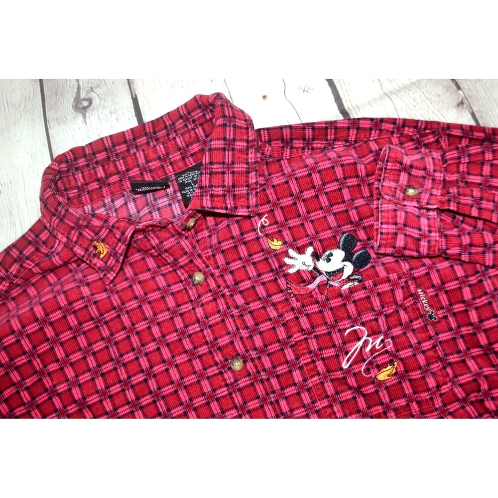MICKEY UNLIMITED Disney VTG Long Sleeve Button Front‎ Corduroy Shirt LARGE Red